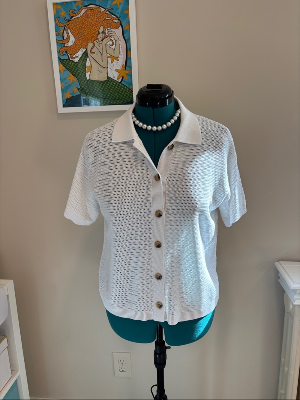 Ann Taylor White Knit Short-Sleeve Button-Front Polo